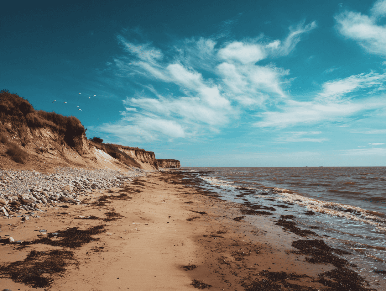 Scenic beach with cliffs, sandy shore, and blue sky with clouds.